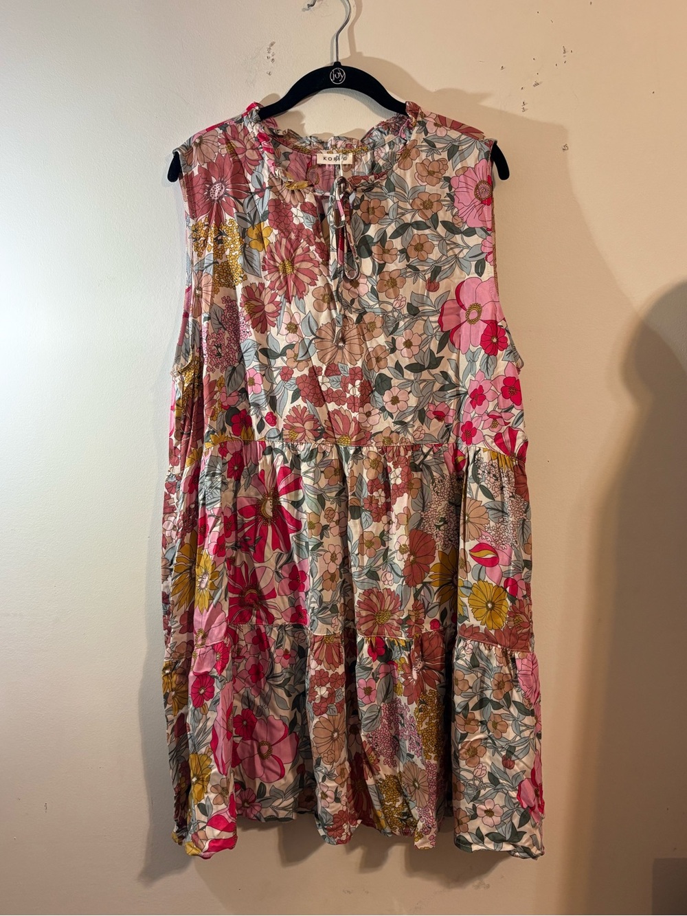 Kori dress women’s X-Large pink floral sleeveless tiered babydoll tie neck NWT